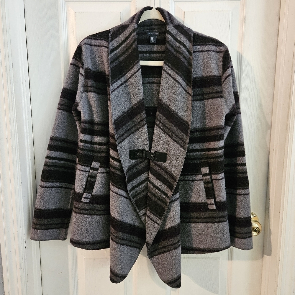 Paraphrase Womens Wool Blend Cardigan Blanket Stripe Jacket Gray & Black Medium